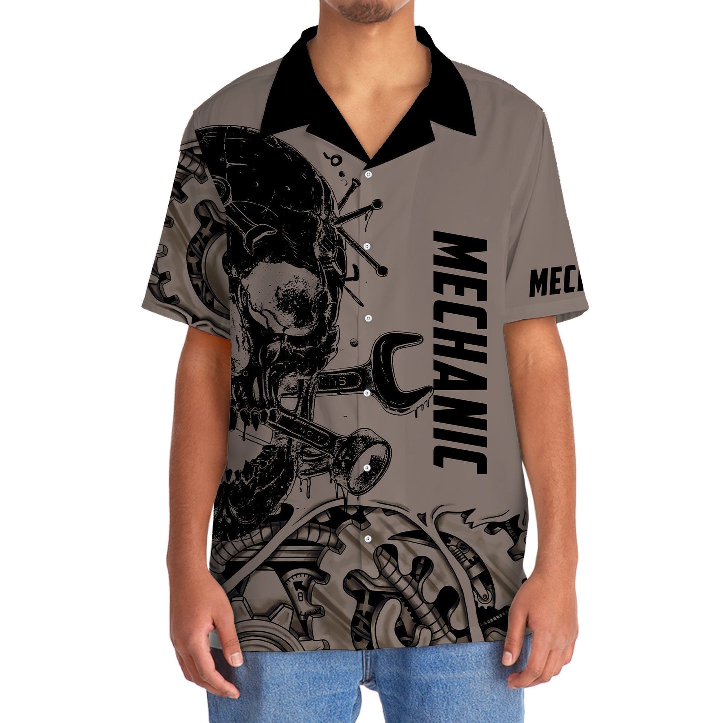 Bold Mechanic Skull Hawaiian Shirt Design View For Casual Summer Styling