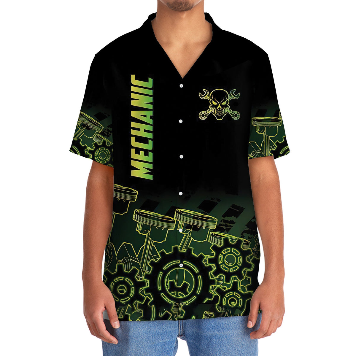 Neon Retro Mechanic Hawaiian Shirt Artwork View For Weekend Travel And Beach Style