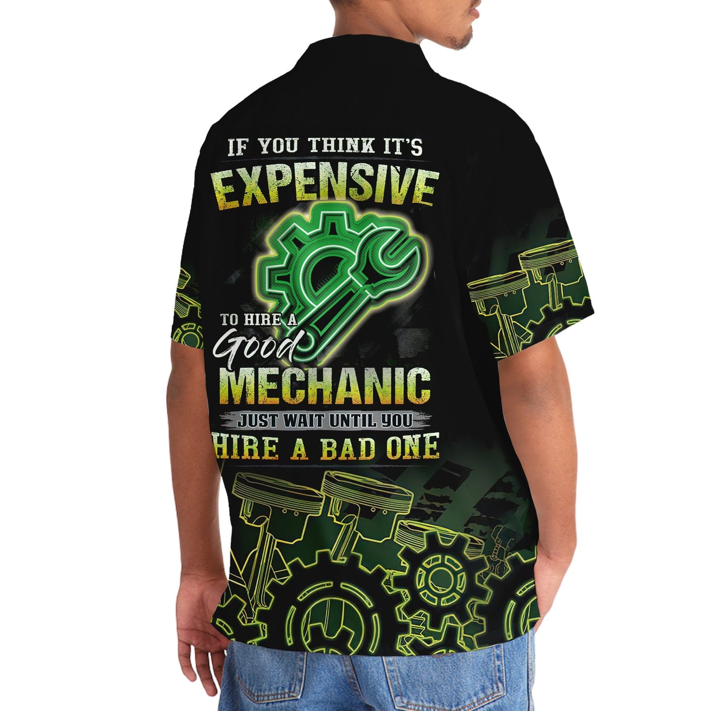 Neon Retro Mechanic Hawaiian Shirt Design Detail For Sunny Adventures And Casual Wear