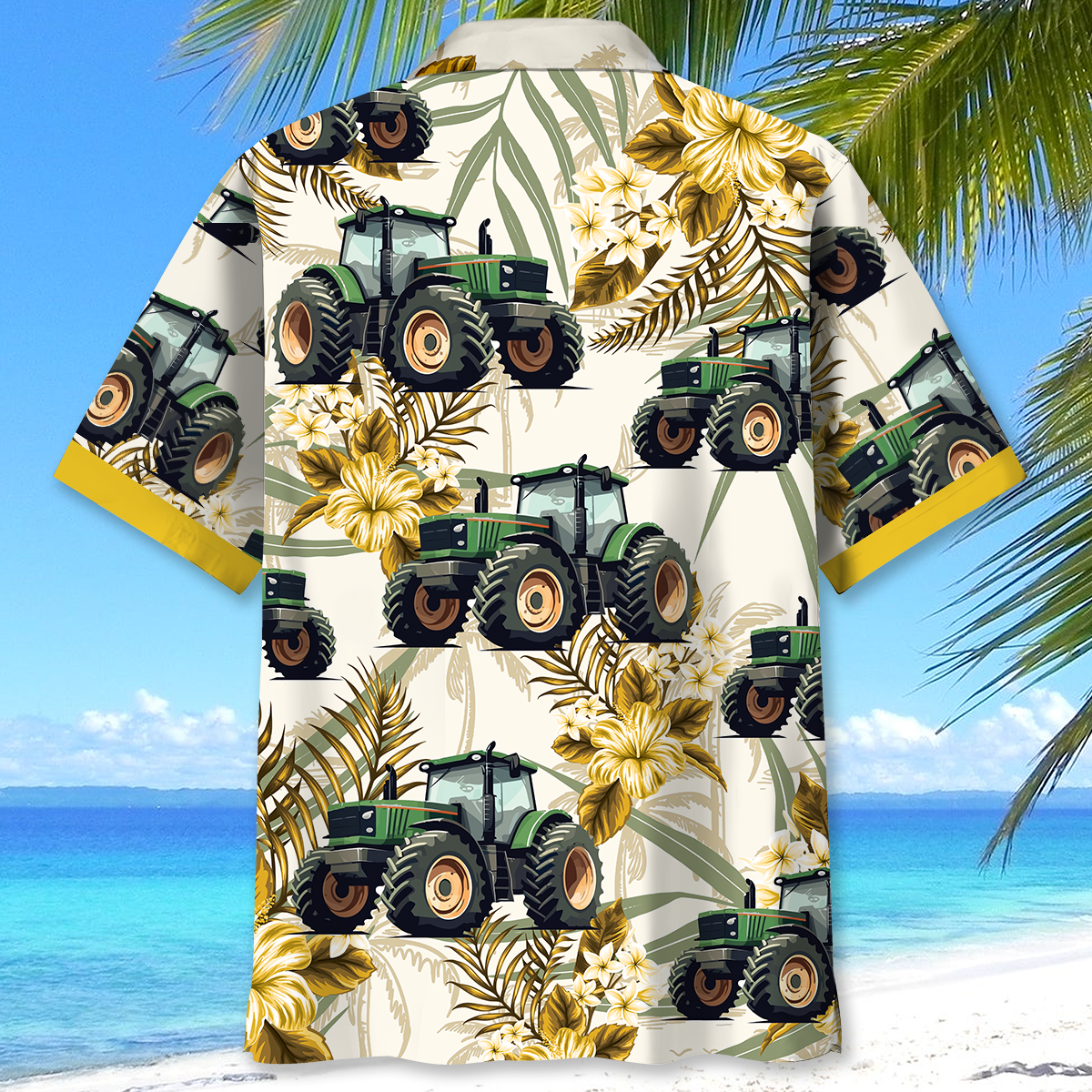 Tropical Green Tractor Farm Hawaiian Shirt Artwork View For Coastal Escapes And Resort Style