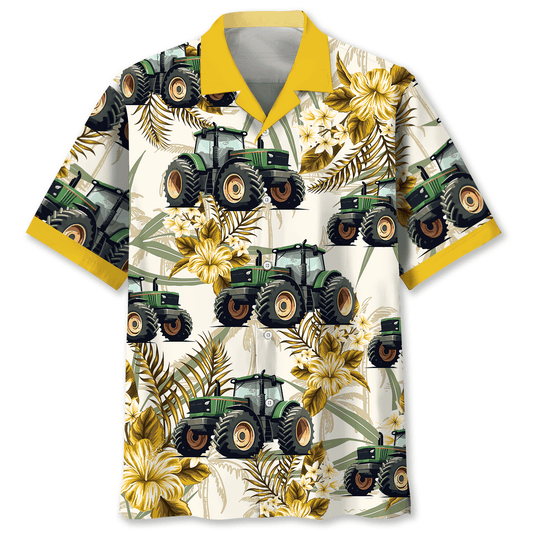 Tropical Green Tractor Farm Hawaiian Shirt For Beach Parties And Weekend Getaways
