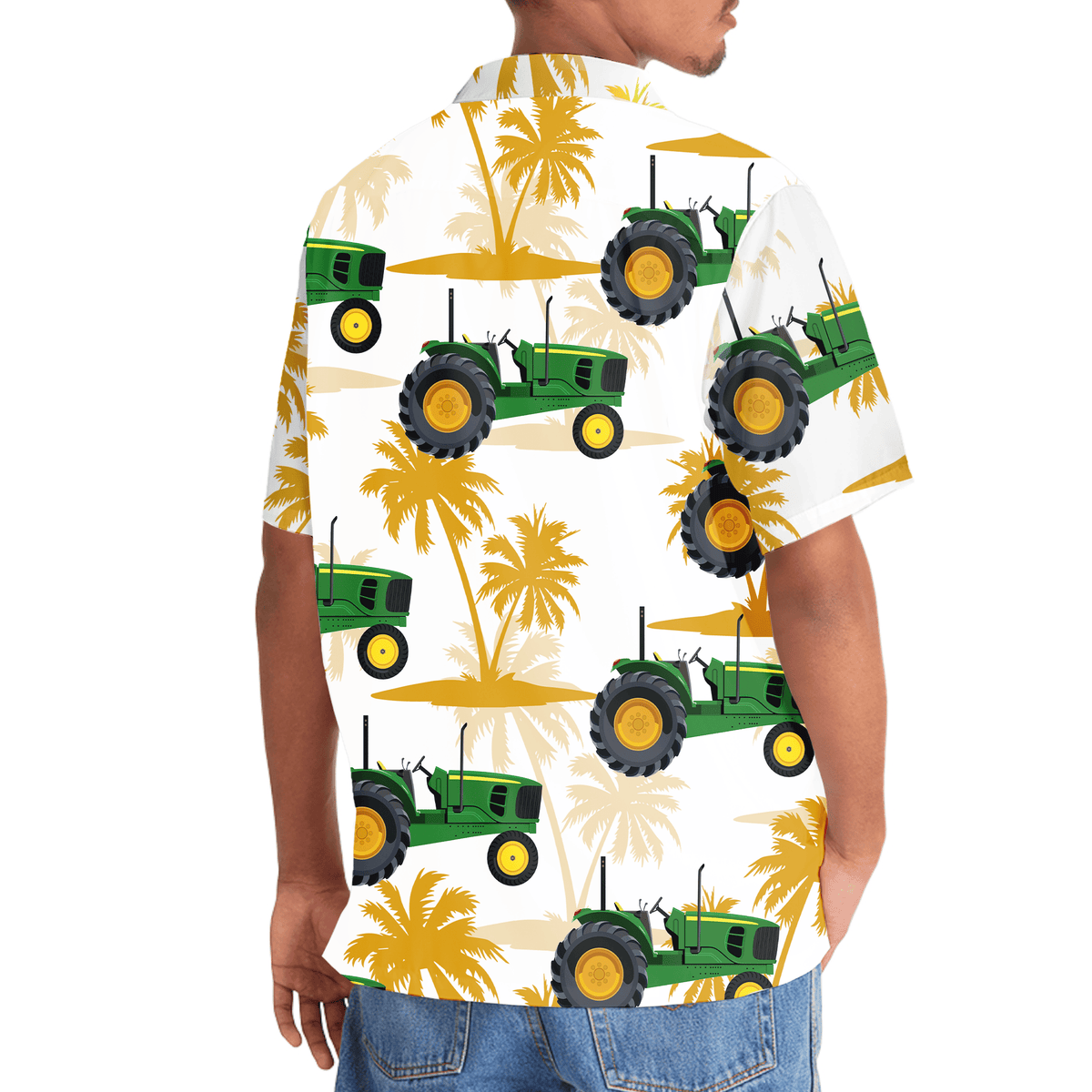 Green Tropical Tractor Palm Tree Hawaiian Shirt Design Detail For Beach Days And Holiday Travel