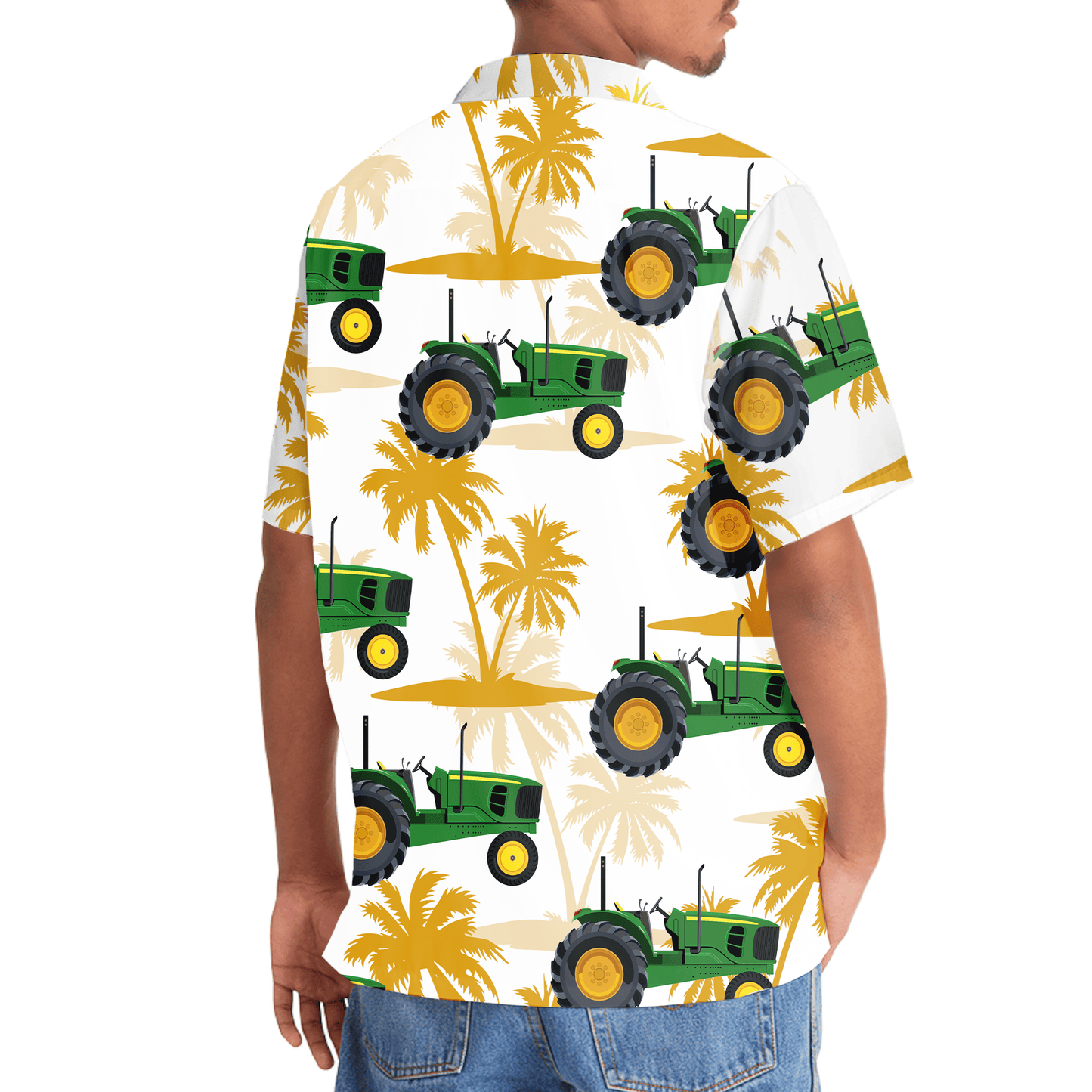 Green Tropical Tractor Palm Tree Hawaiian Shirt Design Detail For Beach Days And Holiday Travel