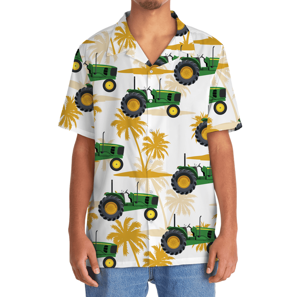 Green Tropical Tractor Palm Tree Hawaiian Shirt For Summer Events And Casual Outdoor Wear