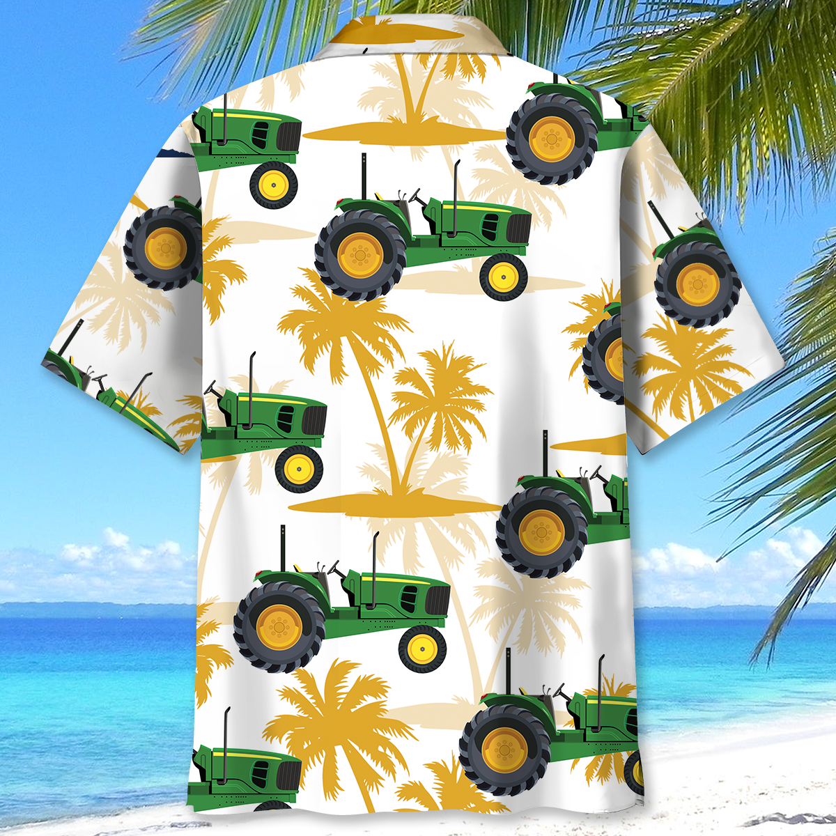 Green Tropical Tractor Palm Tree Hawaiian Shirt Artwork View For Coastal Escapes And Resort Style