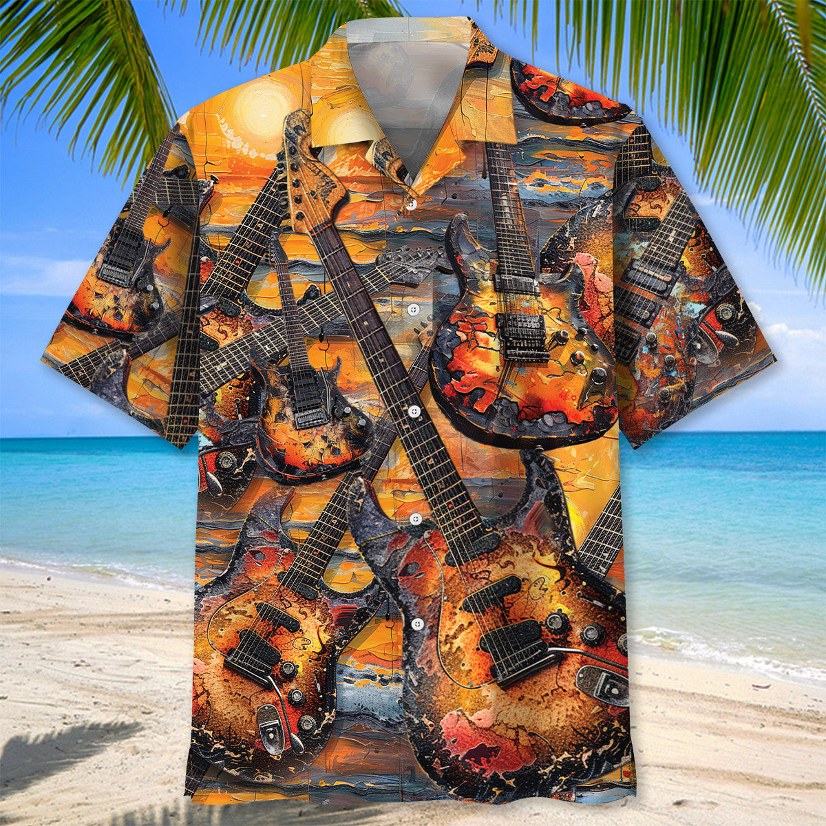 Electric Guitar Sunset Hawaiian Shirt Pattern View For Lightweight Everyday Style