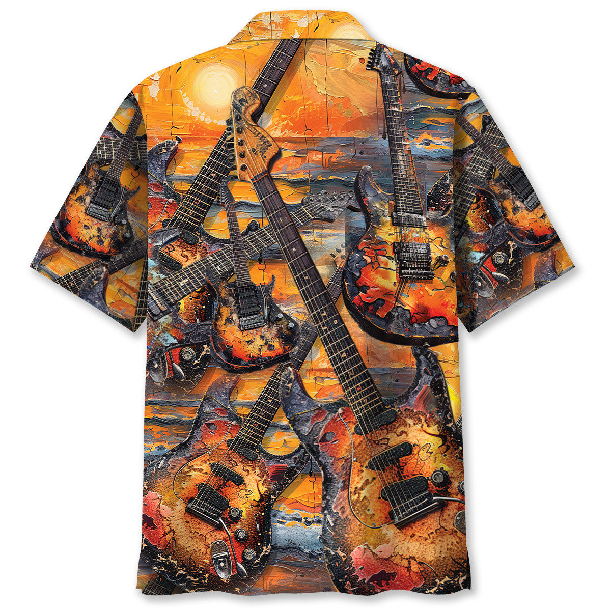 Electric Guitar Sunset Hawaiian Shirt Artwork Detail For Tropical Trips And Casual Outings