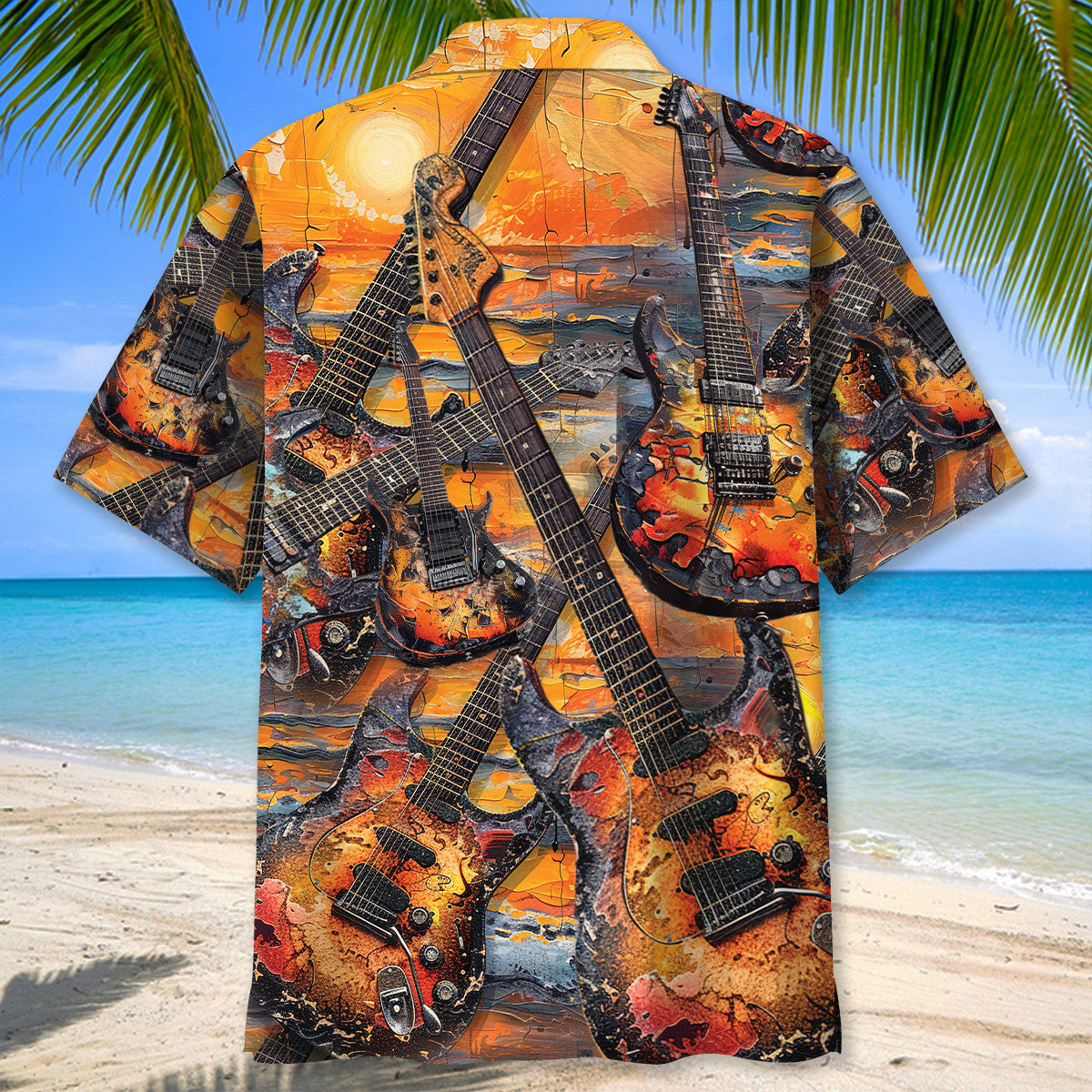 Electric Guitar Sunset Hawaiian Shirt For Coastal Adventures And Warm Weather Wear