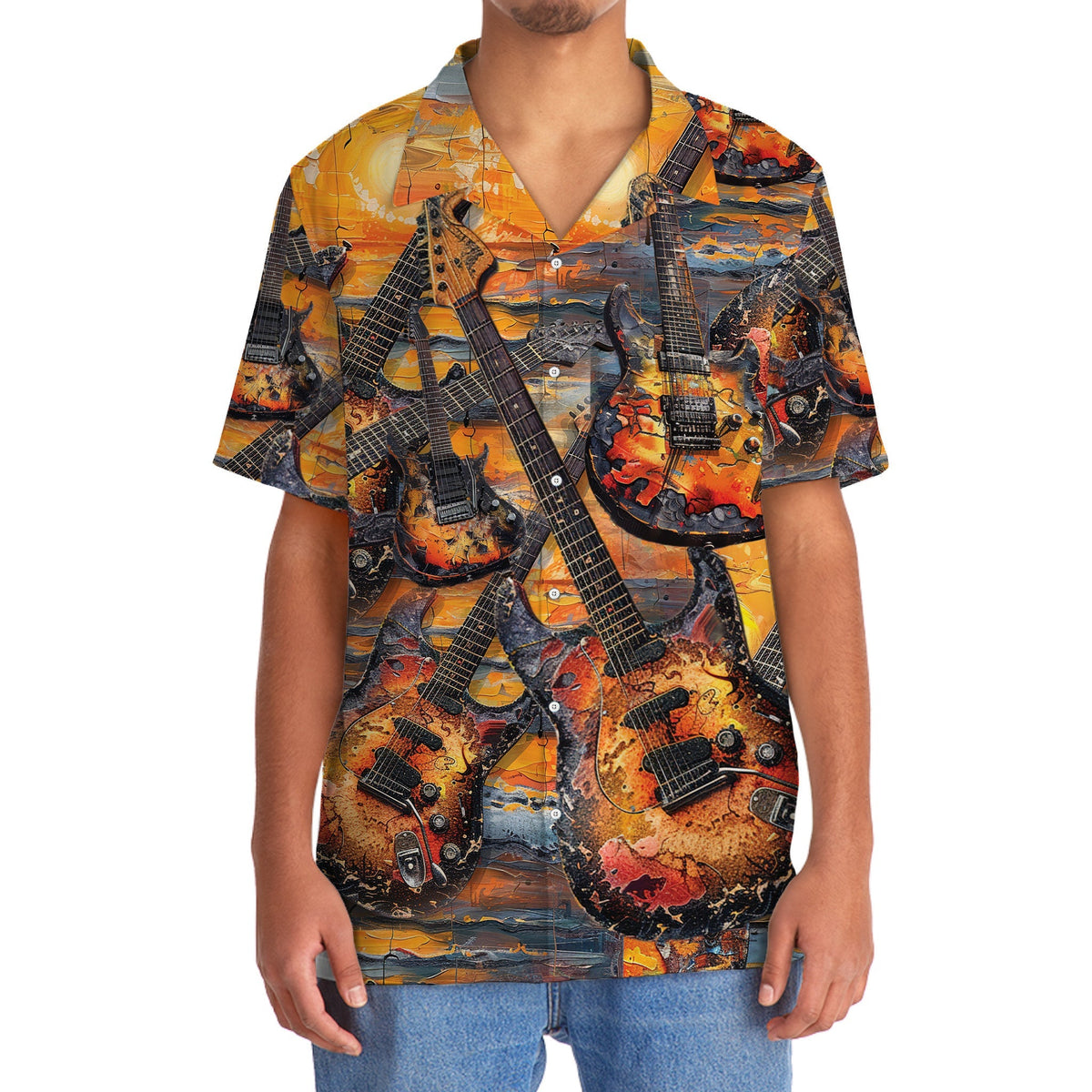 Electric Guitar Sunset Hawaiian Shirt Design View For Resort Travel And Thoughtful Gifting