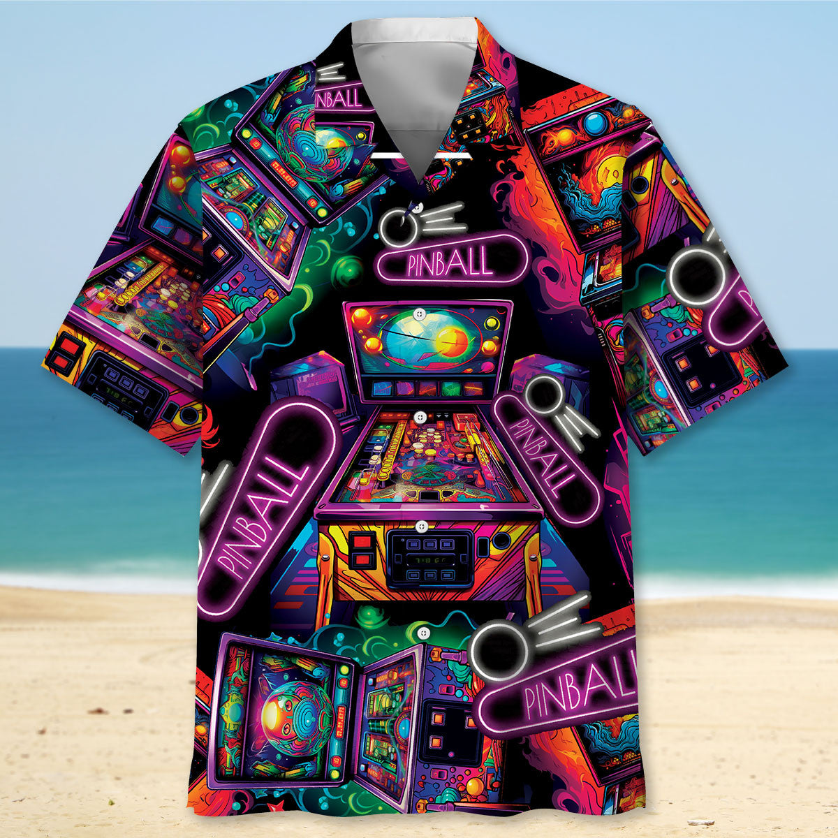 Neon Retro Pinball Arcade Hawaiian Shirt Design View For Resort Travel And Thoughtful Gifting