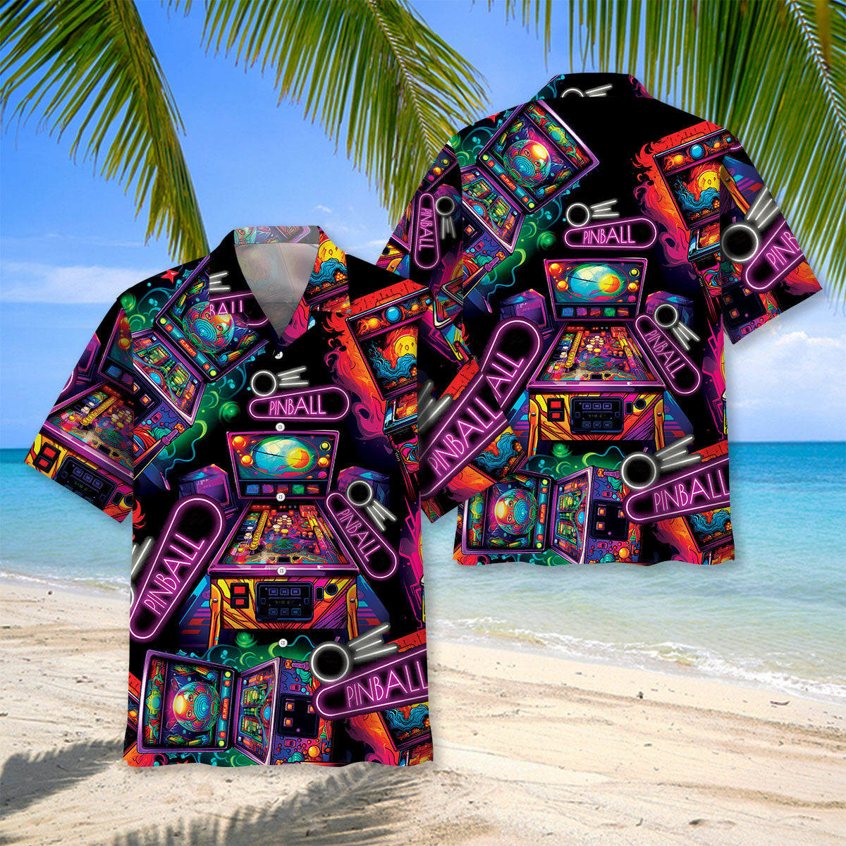 Neon Retro Pinball Arcade Hawaiian Shirt Artwork View For Weekend Travel And Beach Style