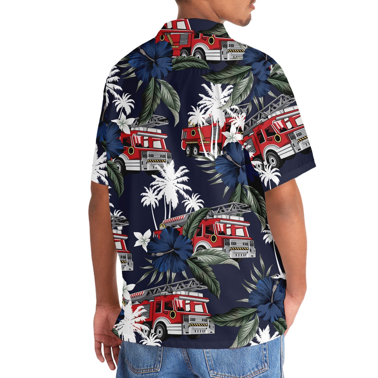 Dark Blue Truck Fire Tribute Hawaiian Shirt Pattern View For Lightweight Everyday Style