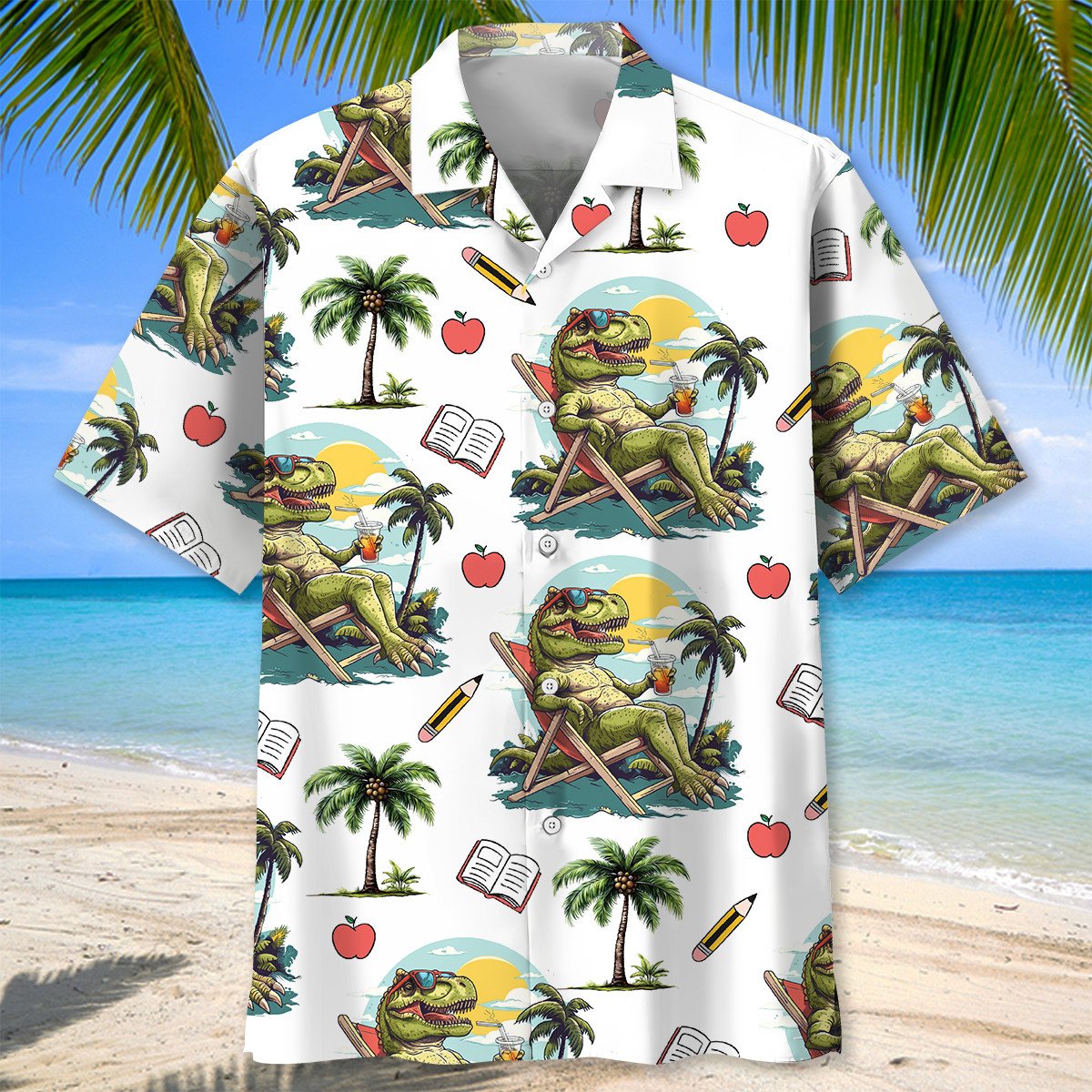 Tropical Dinosaur Teacher Fun Hawaiian Shirt For Coastal Adventures And Warm Weather Wear