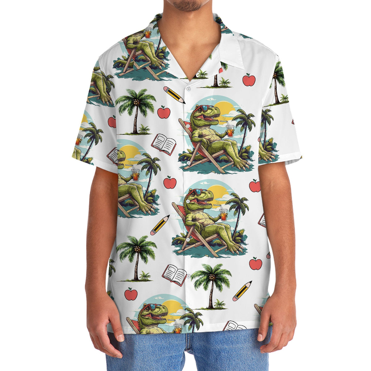 Tropical Dinosaur Teacher Fun Hawaiian Shirt Pattern Detail For Summer Holidays And Outdoor Fun