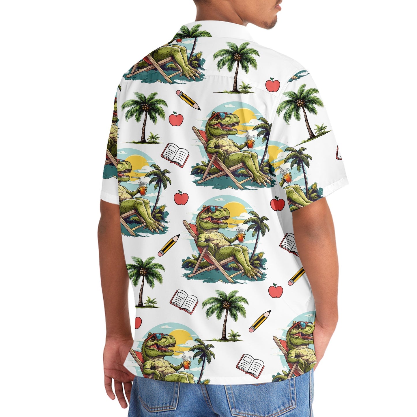 Tropical Dinosaur Teacher Fun Hawaiian Shirt For Vacation Days And Relaxed Coastal Outings