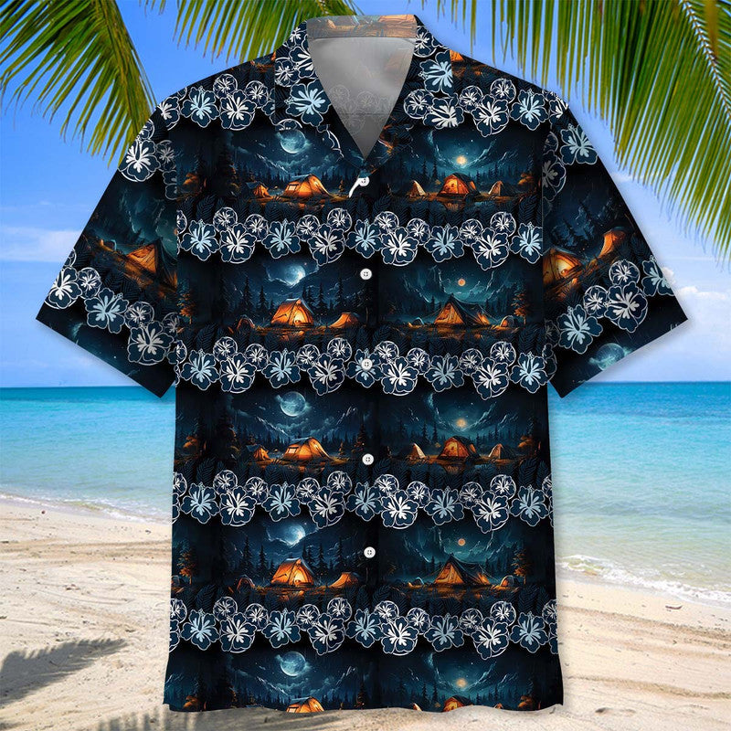 Night Camping Adventure Hawaiian Shirt Pattern Detail For Vacation Travel And Daily Wear