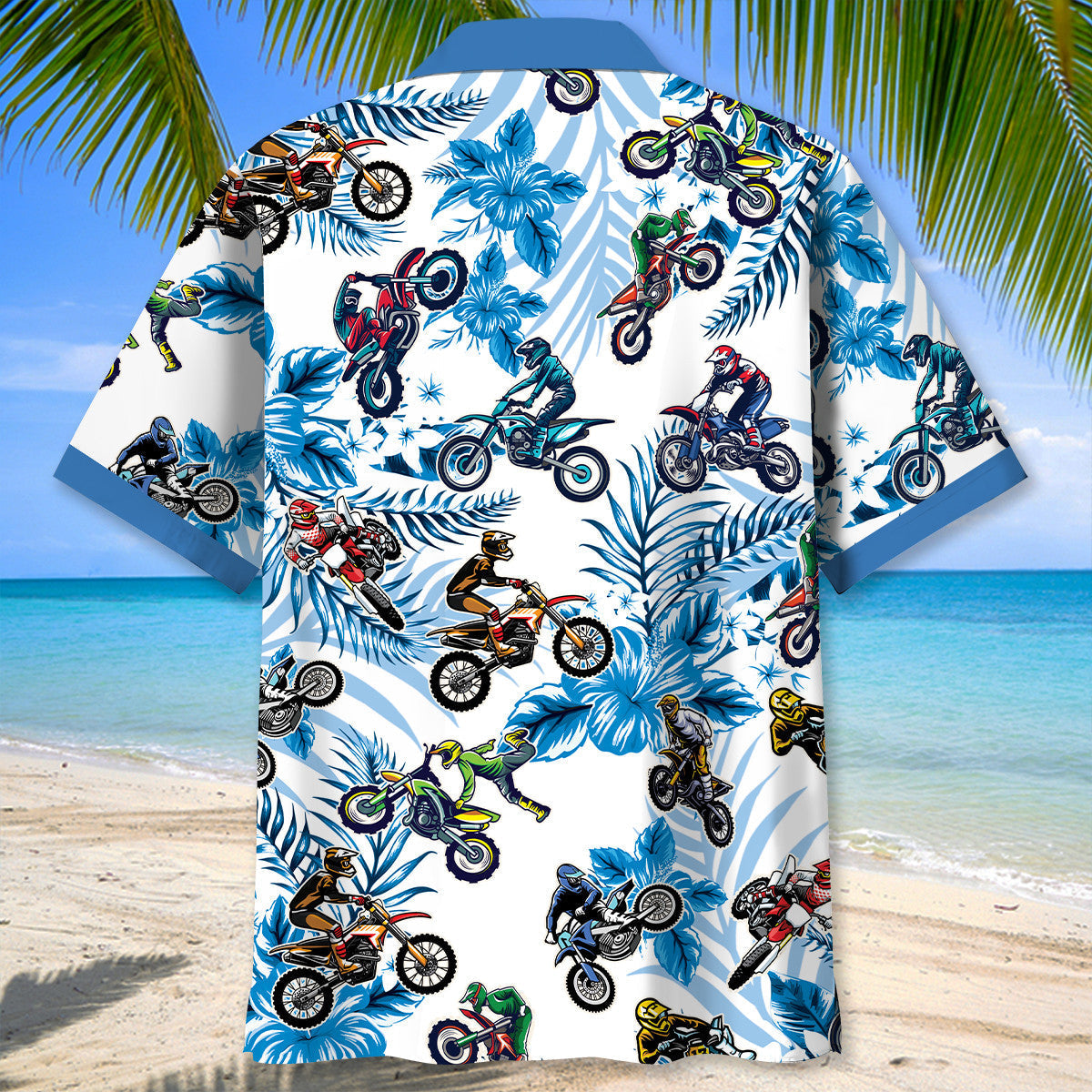 Blue Dirtbike Racing Adventure Hawaiian Shirt Artwork Detail For Tropical Trips And Casual Outings