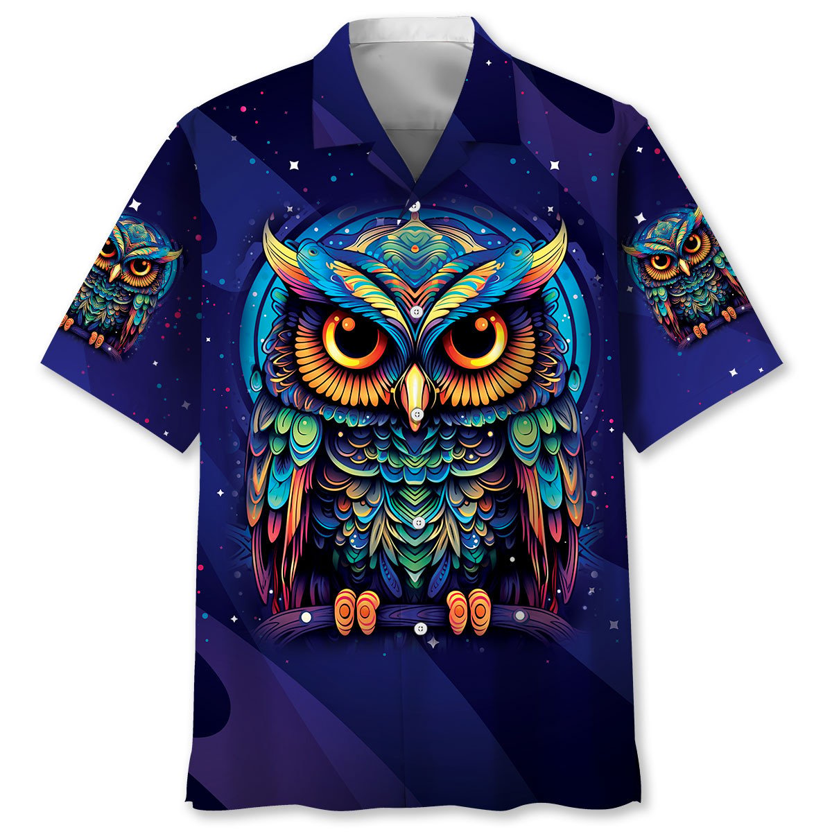 Night Owl Midnight Hawaiian Shirt Pattern View For Relaxed Warm Weather Outfits