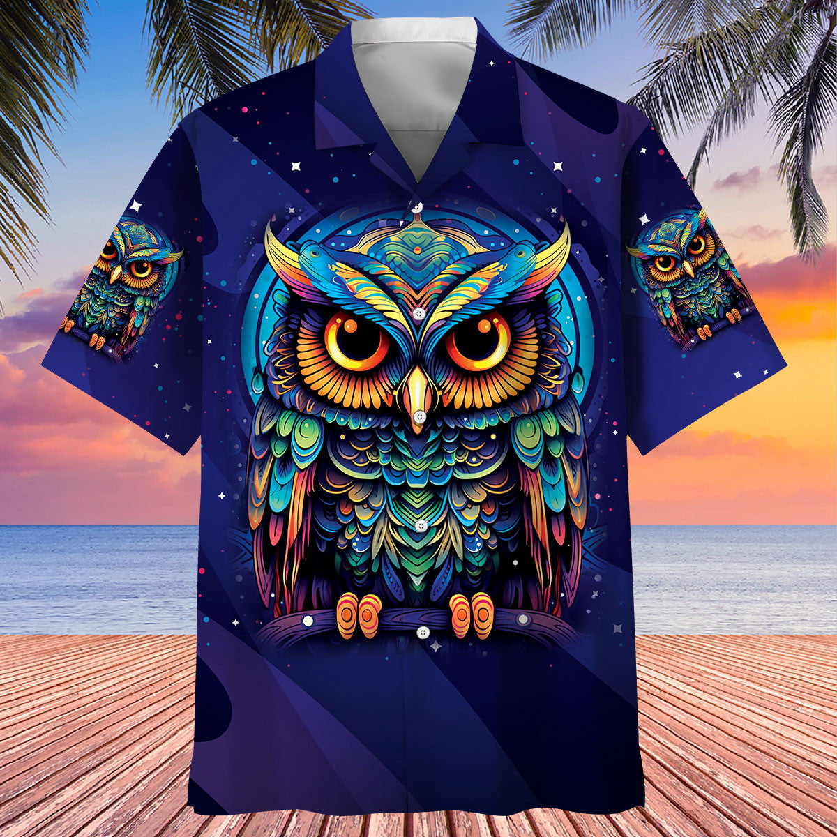 Night Owl Midnight Hawaiian Shirt Design View For Casual Summer Styling