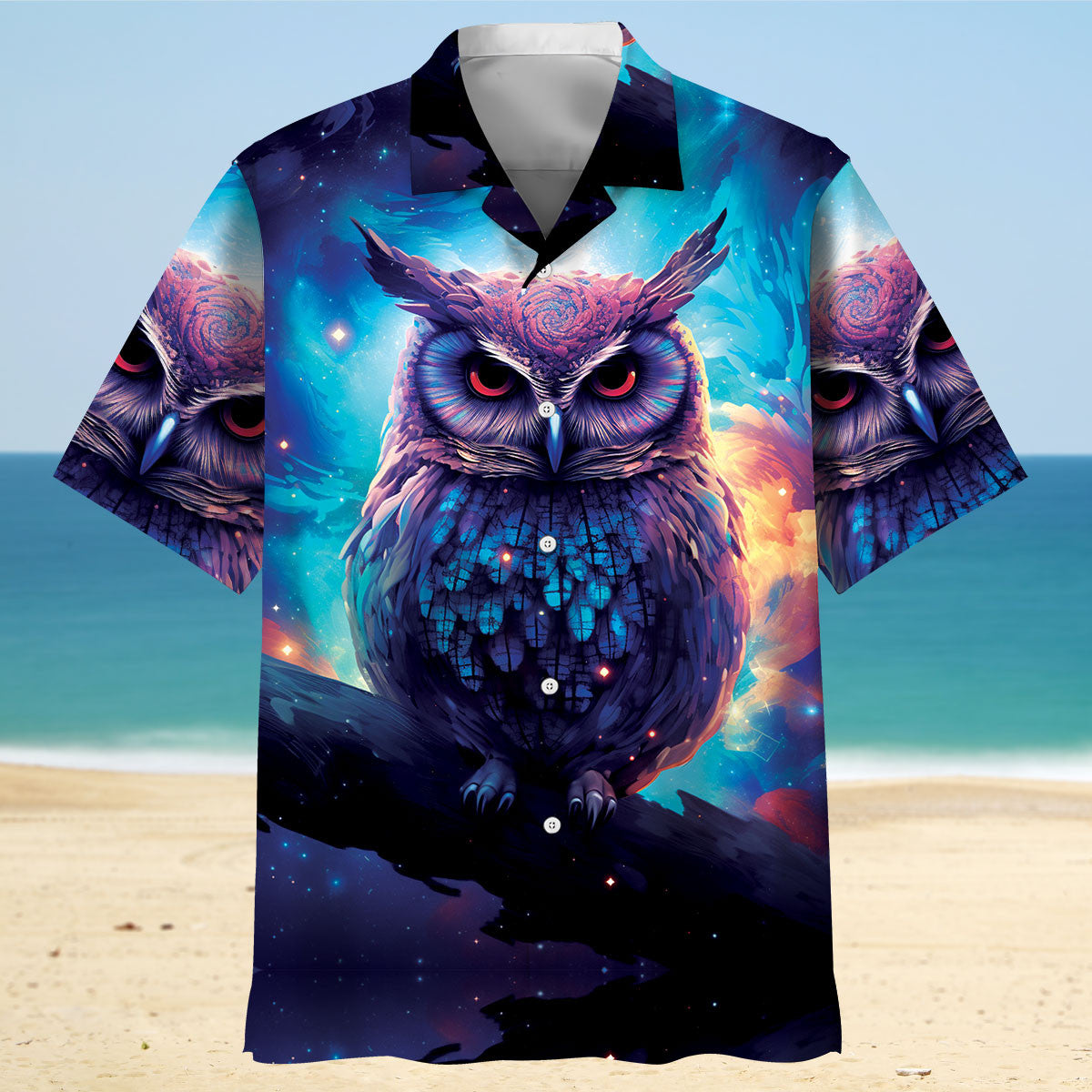 Night Sci Fi Owl Cosmic Hawaiian Shirt Design Detail For Sunny Adventures And Casual Wear