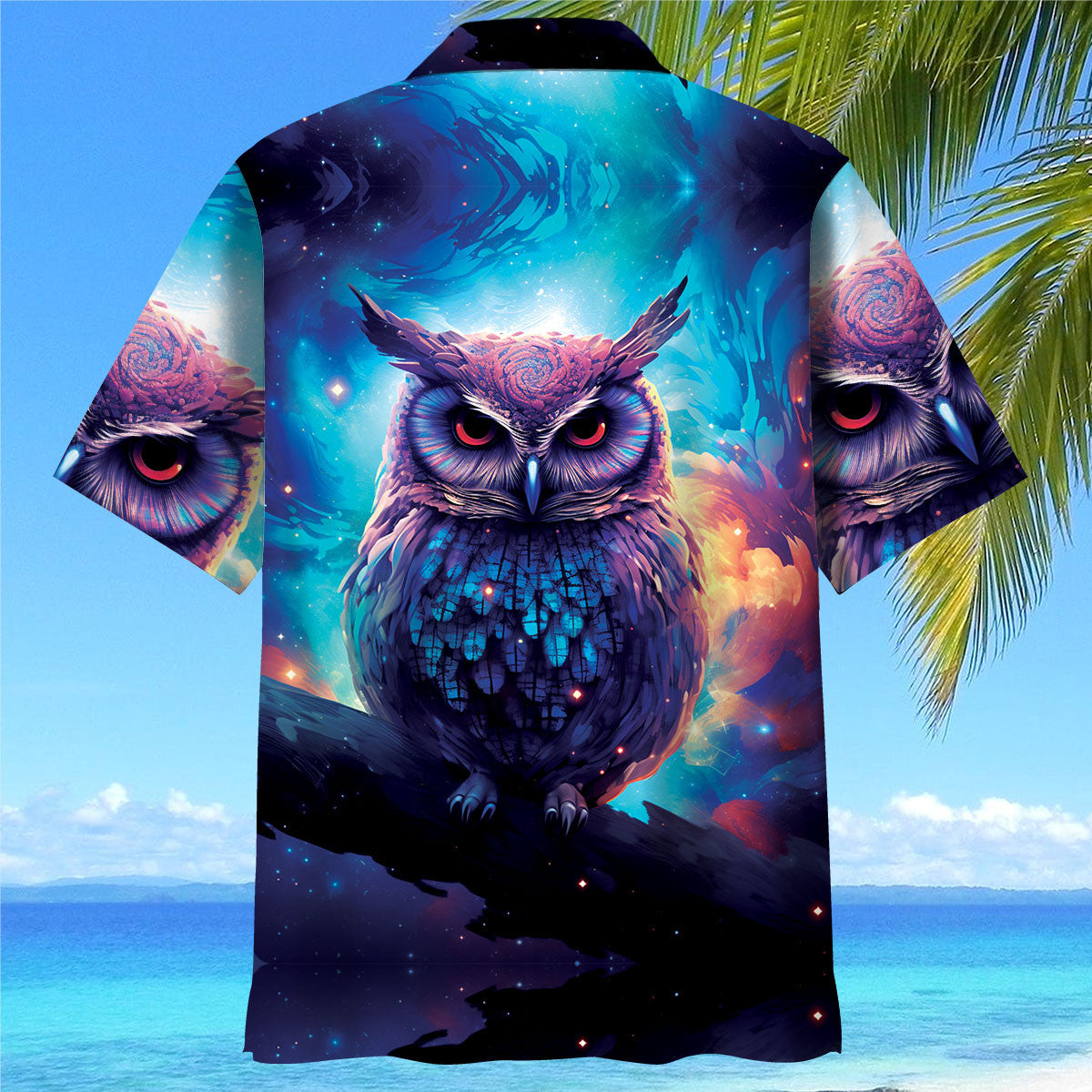 Night Sci Fi Owl Cosmic Hawaiian Shirt For Summer Vacation And Beach Travel