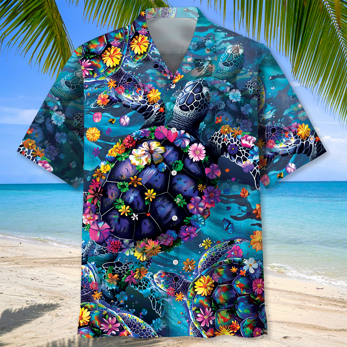 Floral Tropical Turtle Hawaiian Shirt Pattern Detail For Vacation Travel And Daily Wear
