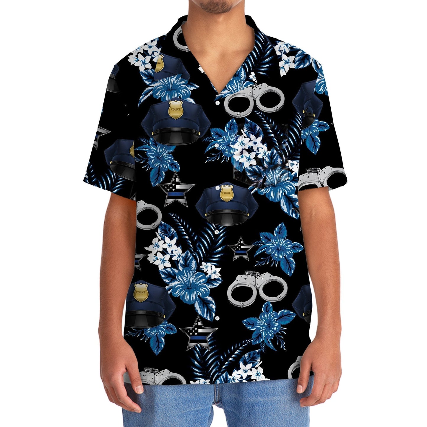Blue Tropical Police Hawaiian Shirt Pattern View For Relaxed Warm Weather Outfits