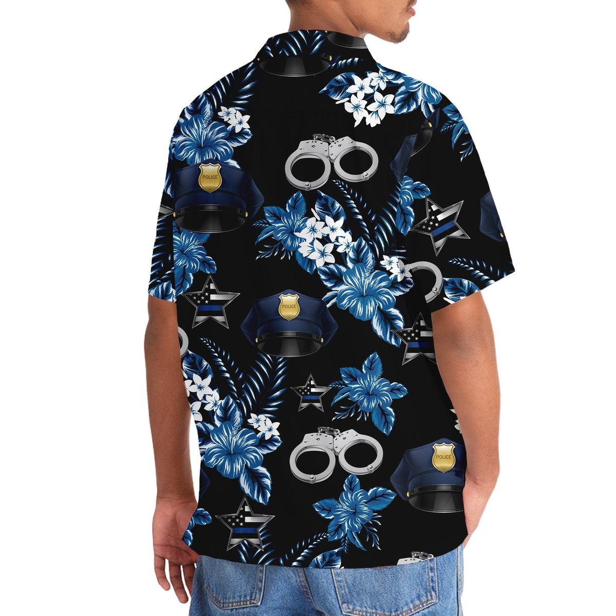 Blue Tropical Police Hawaiian Shirt Artwork Detail For Resort Trips And Outdoor Activities