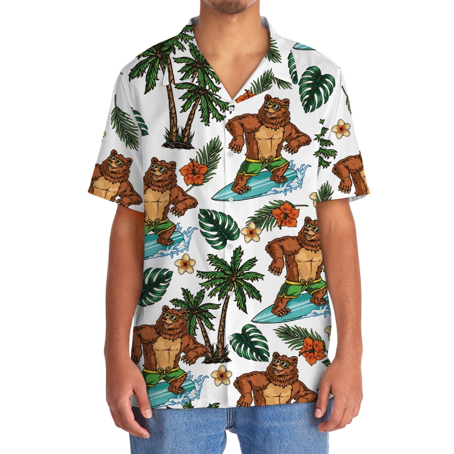 Funny Tropical Bear Surfing Hawaiian Shirt Design Detail For Beach Days And Holiday Travel