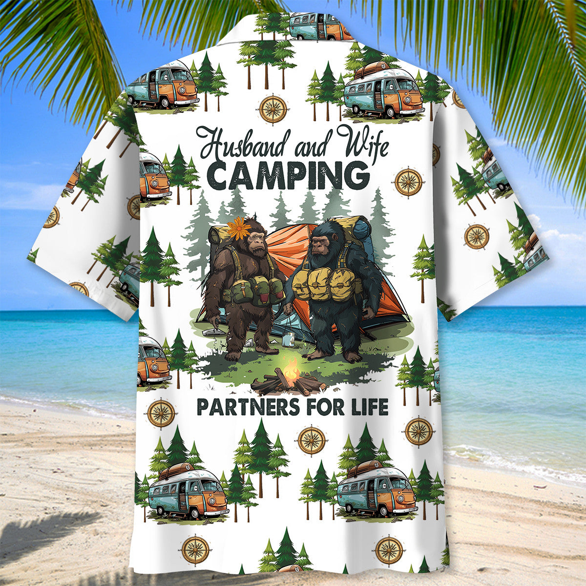 Camping Forest Creature Husband Wife Hawaiian Shirt Pattern Detail For Vacation Travel And Daily Wear