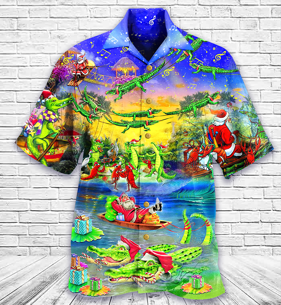 Festive Crocodile Christmas Hawaiian Shirt Design Detail For Sunny Adventures And Casual Wear