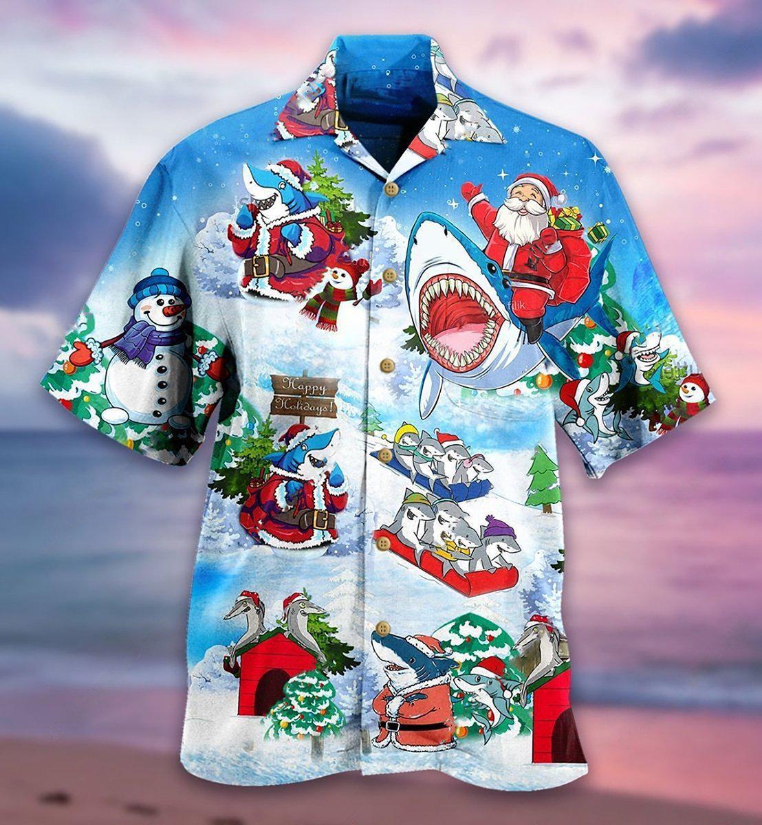 Shark Santa Christmas Hawaiian Shirt Pattern View For Relaxed Warm Weather Outfits