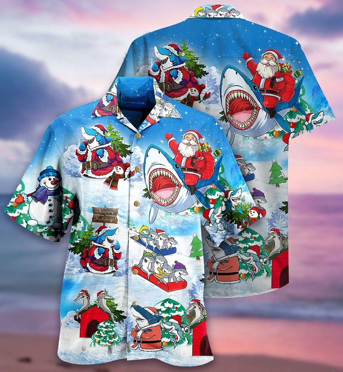 Shark Santa Christmas Hawaiian Shirt Artwork Detail For Resort Trips And Outdoor Activities