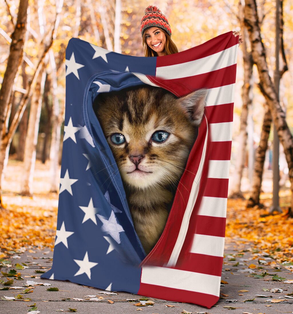 Cat Kitten Opened American Flag Flannel Blanket For Cozy Bedroom Sofa Decor