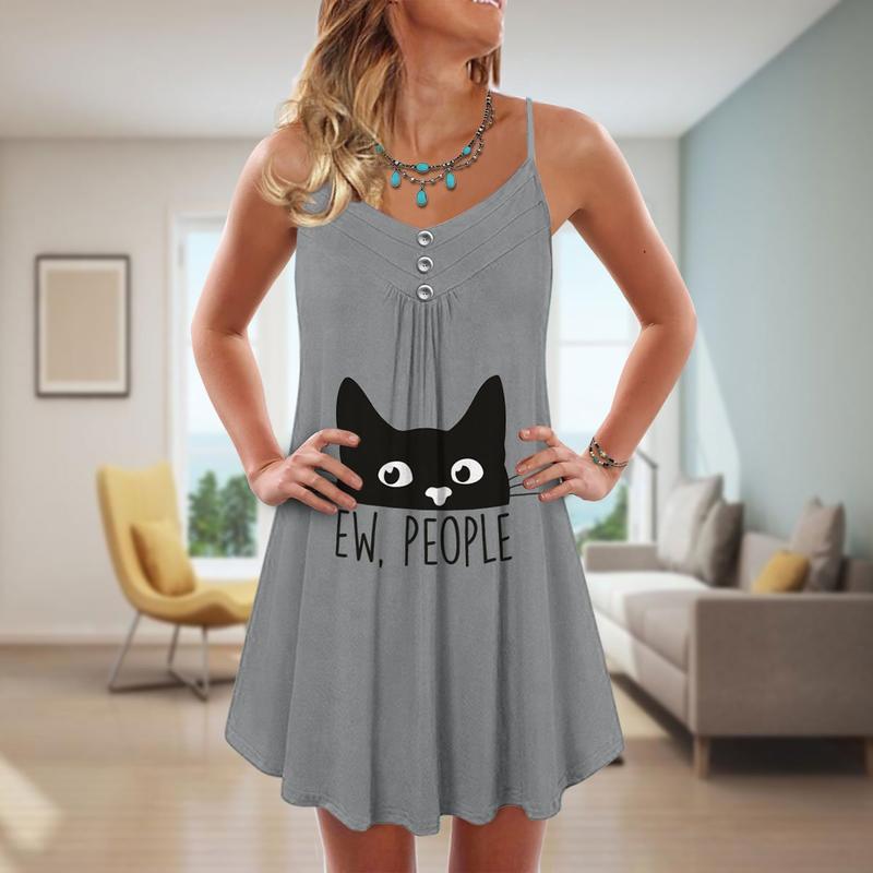 Cats Love Love V-Neck Sleeveless Cami Dress For Summer Vacations And Casual Everyday Wear