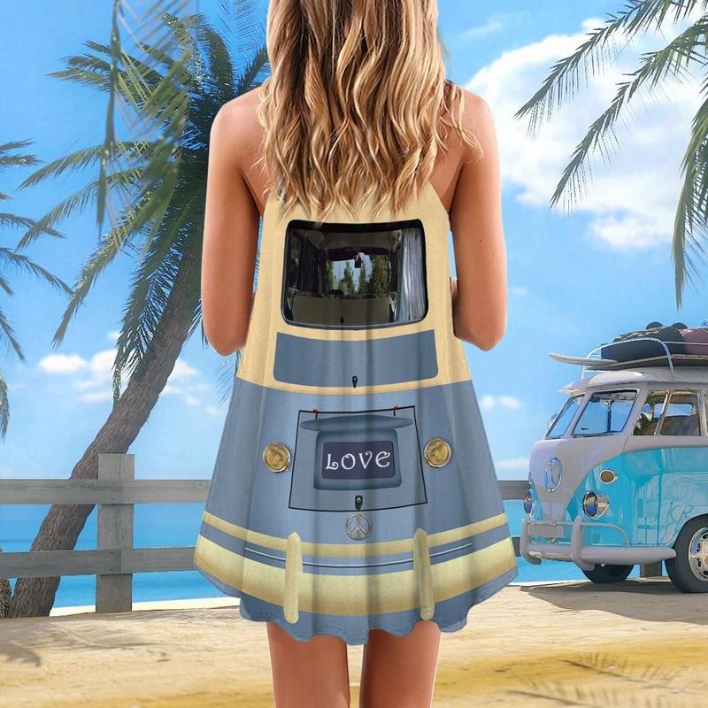 Hippie Van Retro V-Neck Sleeveless Cami Dress For Beach Travel And Free Spirited Outfits