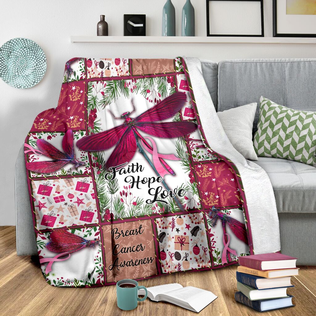 Breast Cancer Faith Hope Love Dragon Floral Flannel Blanket For Cozy Bedroom Sofa Decor