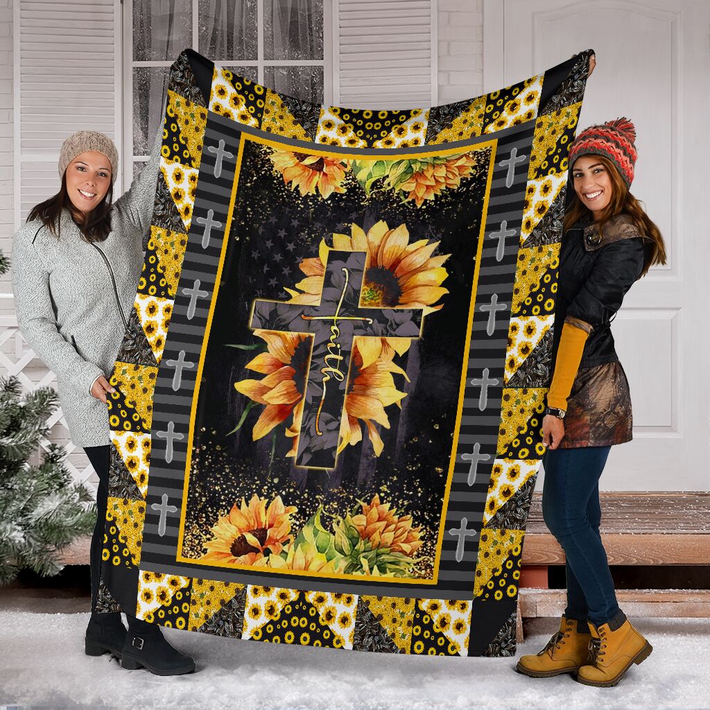 Jesus Cross On Sunflower Christian Flannel Blanket For Cozy Bedroom Sofa Decor