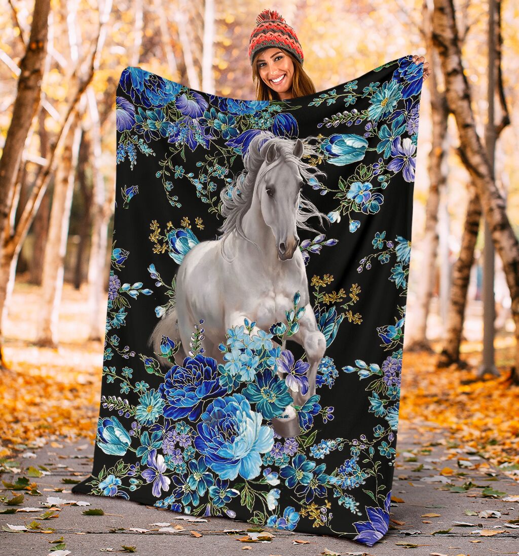 Horse White Horse Blue Flower Flannel Blanket For Cozy Bedroom Sofa Decor