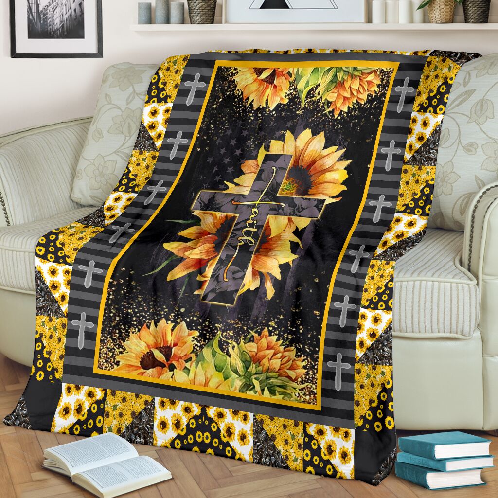 Jesus Cross On Sunflower Christian Flannel Blanket For Cozy Bedroom Sofa Decor