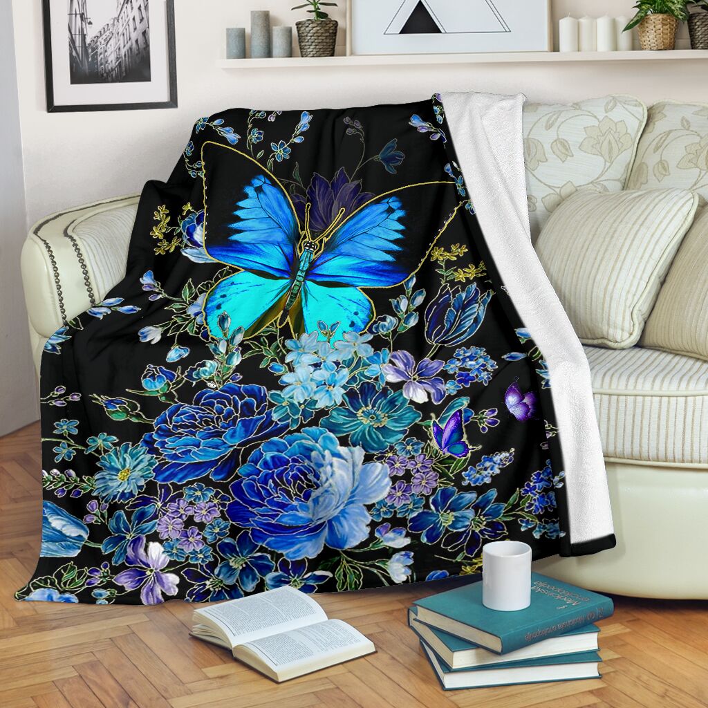 Butterfly With Blue Flowers Flannel Blanket For Cozy Bedroom Sofa Decor