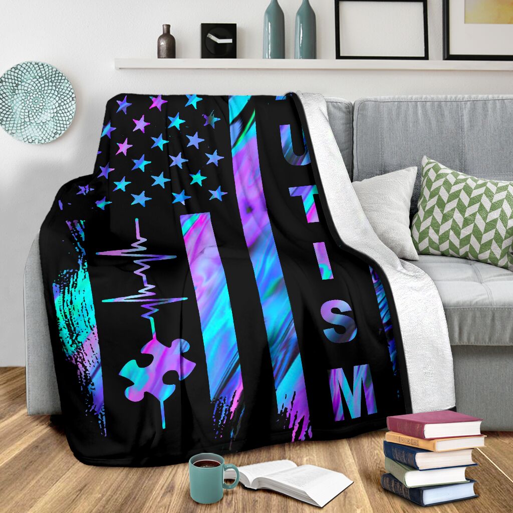 Autism Awareness American Flag Color Flannel Blanket For Cozy Bedroom Sofa Decor