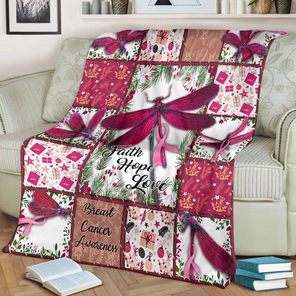 Breast Cancer Faith Hope Love Dragon Floral Flannel Blanket For Cozy Bedroom Sofa Decor
