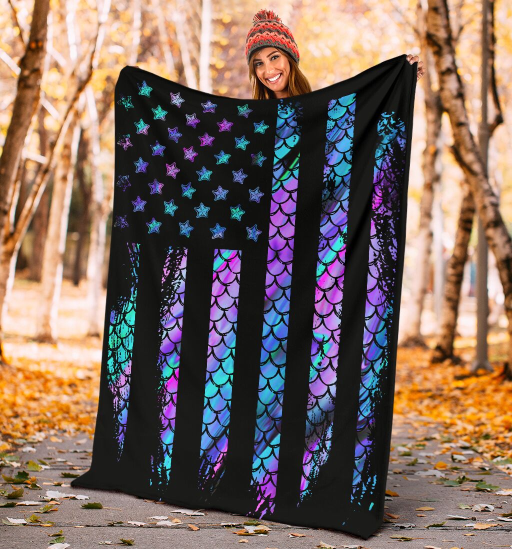 Mermaid American Flag Flannel Blanket For Cozy Bedroom Sofa Decor