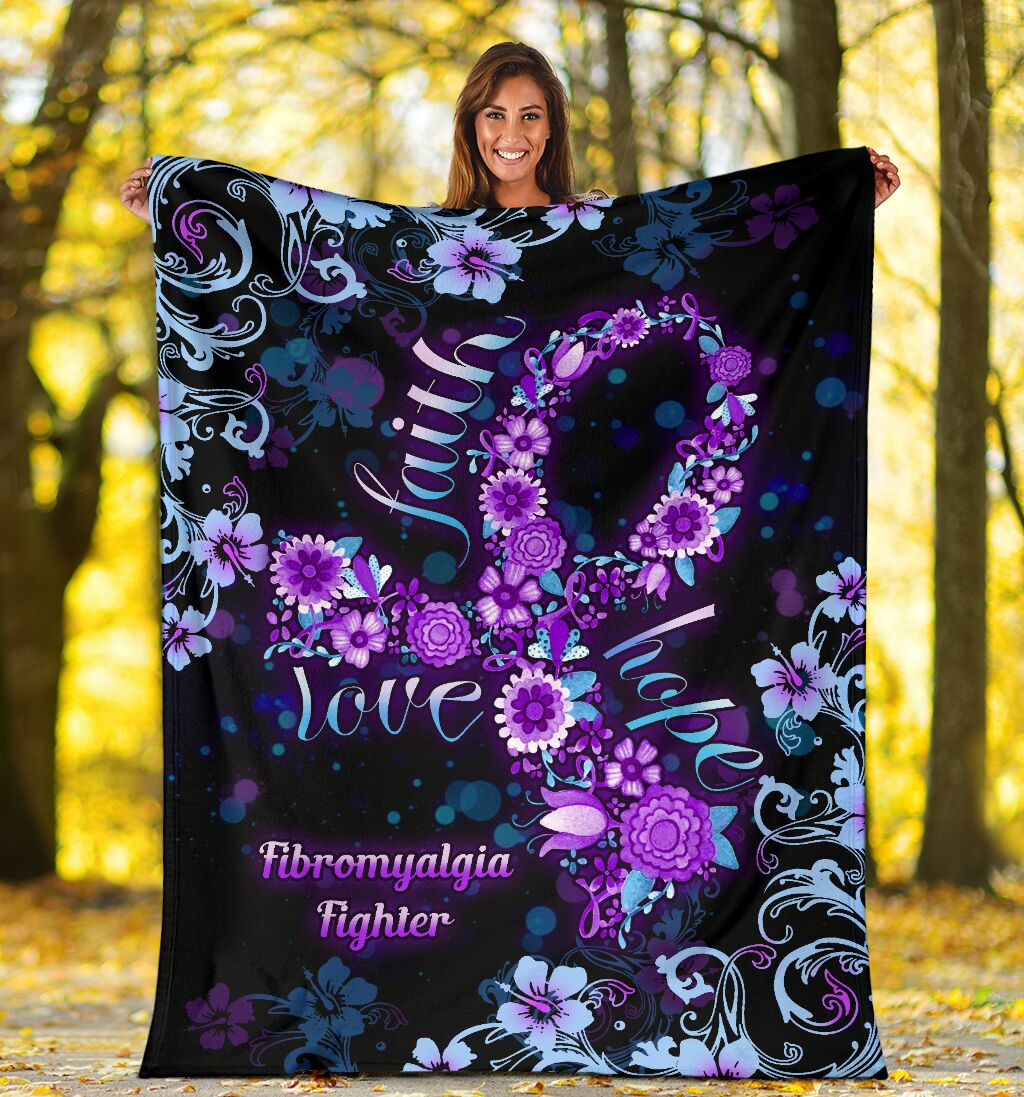 Flower Faith Hope Love Fibromyalgia Awareness Flannel Blanket For Cozy Bedroom Sofa Decor