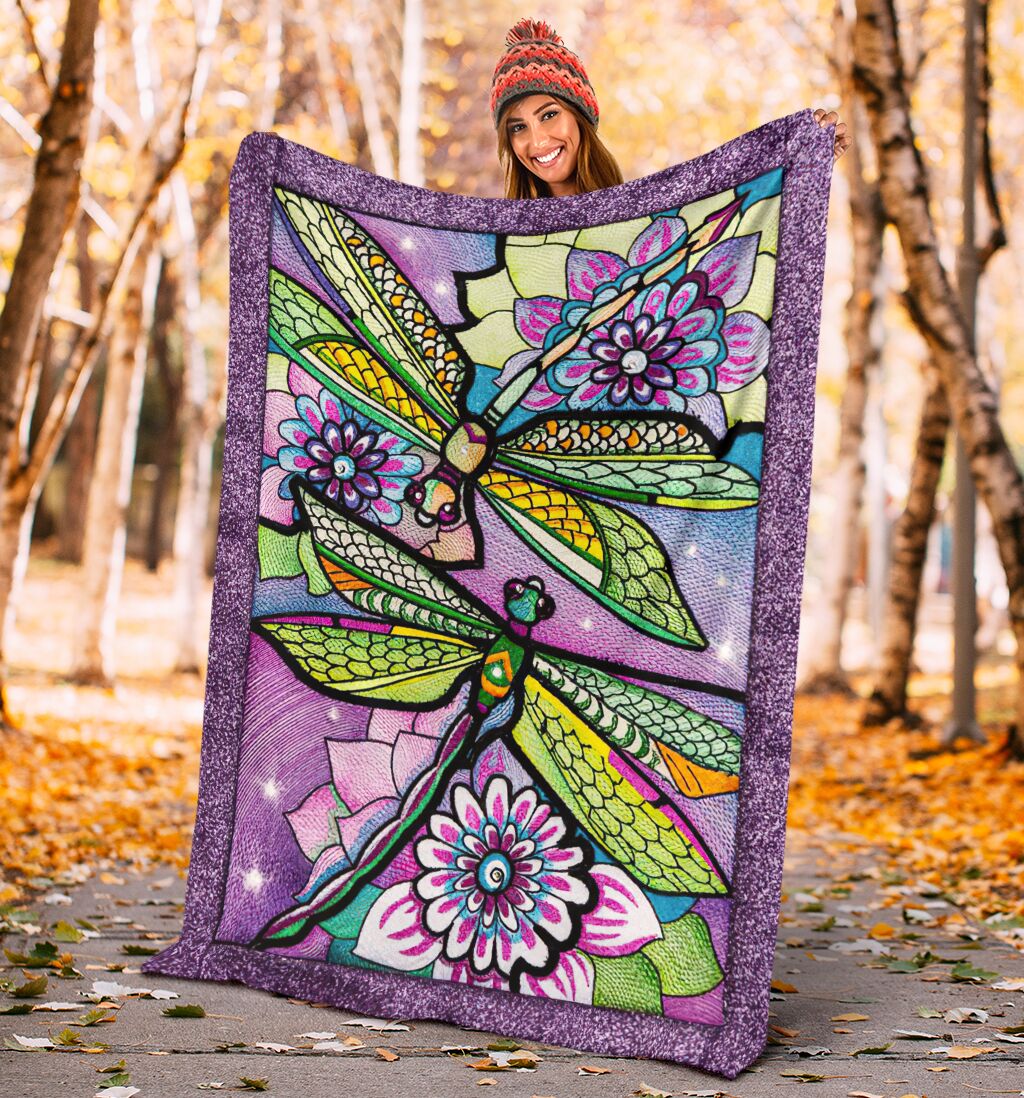 Dragonfly With Beautiful Flower Flannel Blanket For Cozy Bedroom Sofa Decor