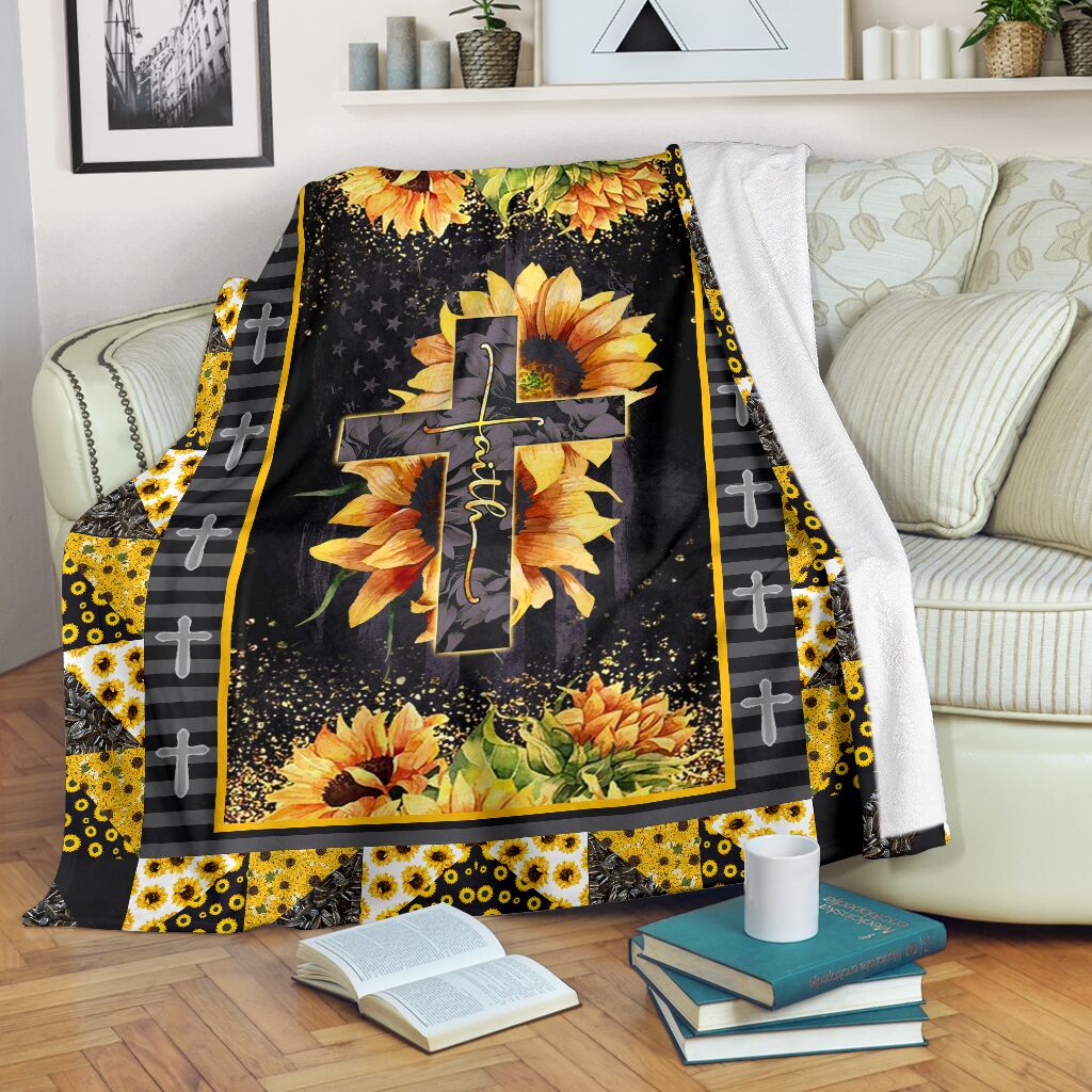 Jesus Cross On Sunflower Christian Flannel Blanket For Cozy Bedroom Sofa Decor