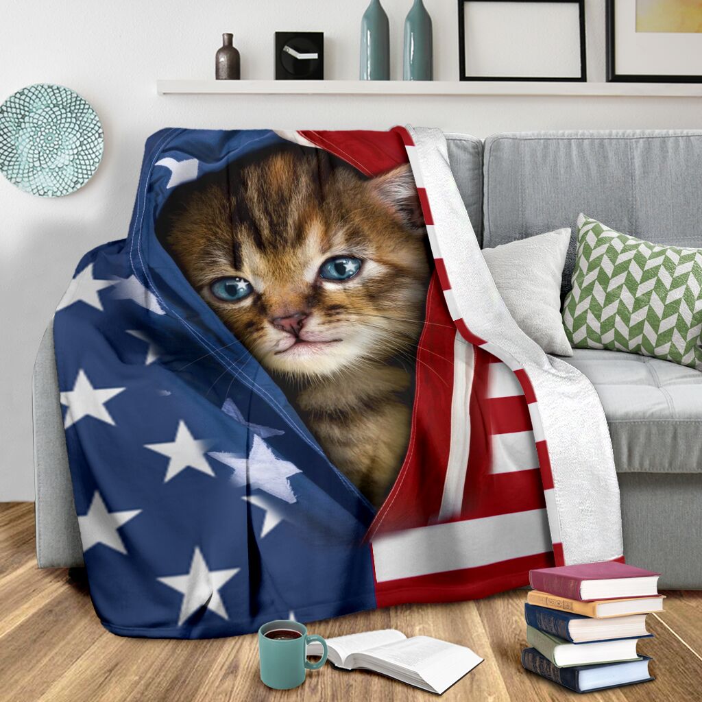 Cat Kitten Opened American Flag Flannel Blanket For Cozy Bedroom Sofa Decor