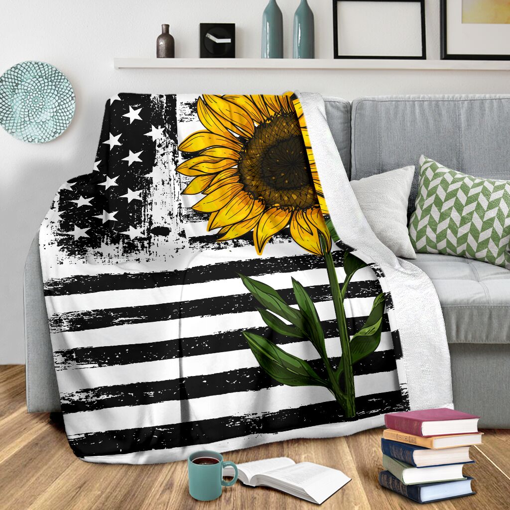 Sunflower American Flag Flannel Blanket For Cozy Bedroom Sofa Decor