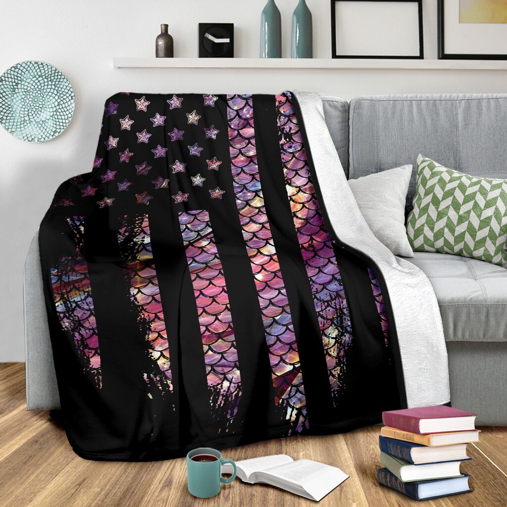 Mermaid Scales American Flag Flannel Blanket For Cozy Bedroom Sofa Decor
